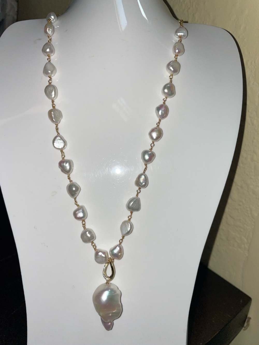 Pearl Drop Baroque Necklace - White Pearlescent Beads 14K Gold Vermeil